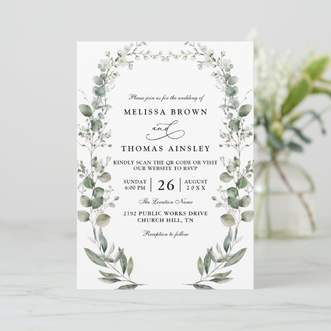 Formal Elegant Botanical Acrylic QR Code Wedding Invitation (Standing Front)