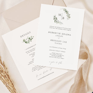 Formal Elegant Botanical Wedding Monogram Details Invitation