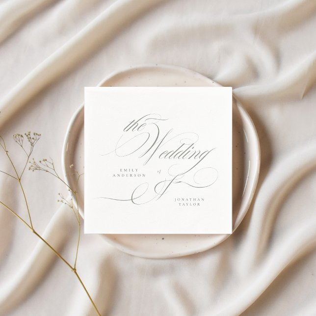 Formal Elegant Calligraphy Grey Green Wedding Napkin (Creator Uploaded)