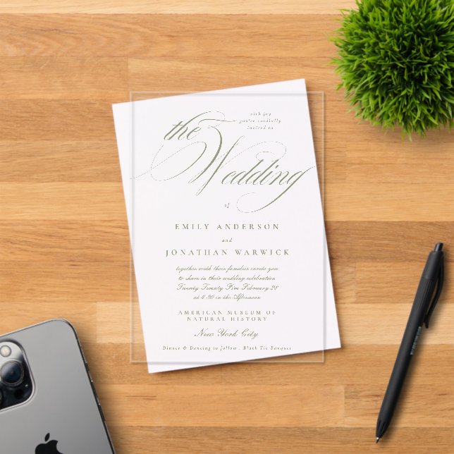 Formal Elegant Calligraphy Sage Green The Wedding Acrylic Invitations (Insitu (Invitation Card))