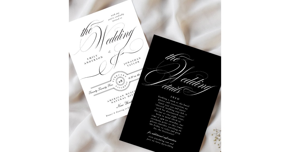 Formal Elegant Calligraphy Wedding | Details Back Invitation | Zazzle