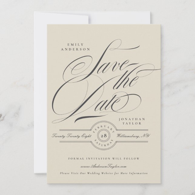 Formal Elegant Calligraphy Wedding Website Photo Save The Date (Front)