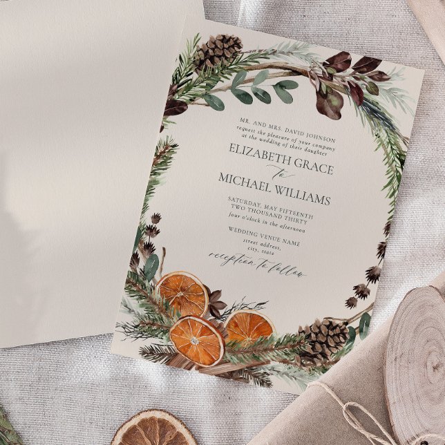 Formal Elegant Citrus Boho Greenery Winter Wedding Invitation (Easily personalize this formal bohemian citrus invitation for the perfect fall or winter wedding)