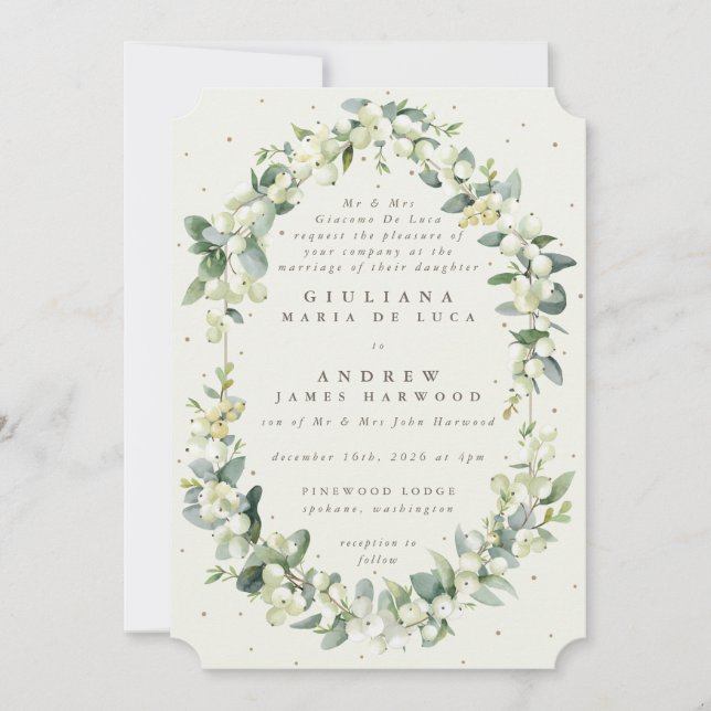 Formal Elegant Cream Snowberry+Eucalyptus Wedding Invitation (Front)