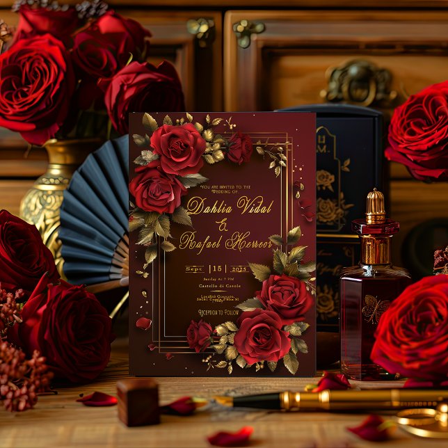 Formal Elegant Dark Burgundy & Gold Rose Wedding  Invitation (Romantic Spanish Rose Red and Burgundy Rose Wedding Invitation )