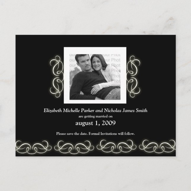 Formal Elegant Floral Save the Date Black White Announcement Postcard (Front)