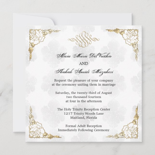 Formal Elegant Gold Accent Floral Wedding Invite (Front)