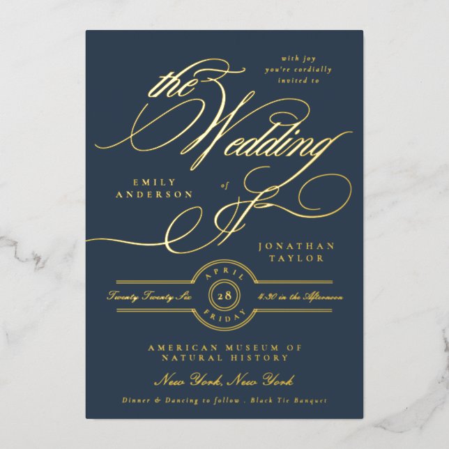 Formal Elegant Gold Calligraphy Navy Blue Wedding (Front)