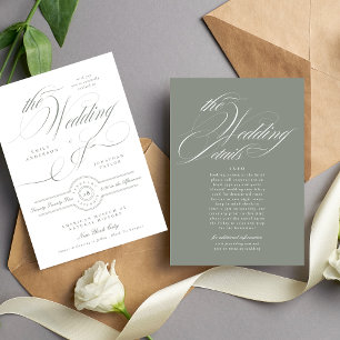 Formal Elegant Grey Green Wedding   Details Back Invitation