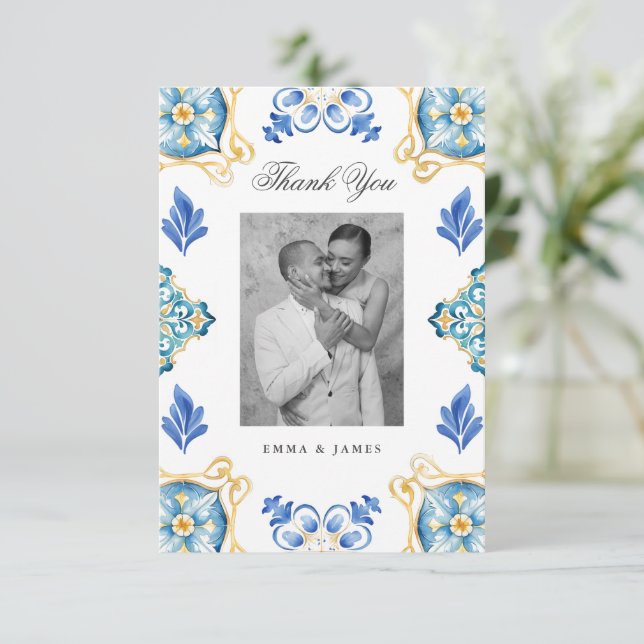 Formal Elegant Italian Tiles Wedding Thank You Card (Standing Front)