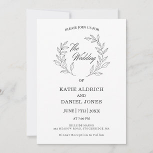 Formal Elegant Leaves Black White QR Code Wedding Invitation