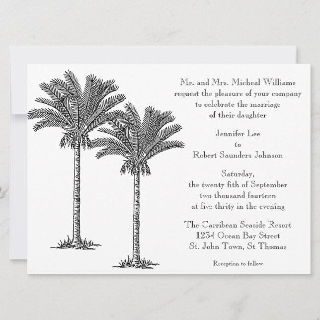 Formal Elegant Palm Tree Tropical Island Wedding Invitation (Front)
