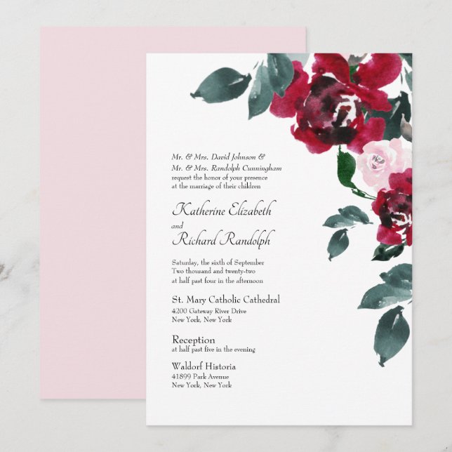 Formal Elegant Pink Red Rose Floral Wedding   Invitation (Front/Back)