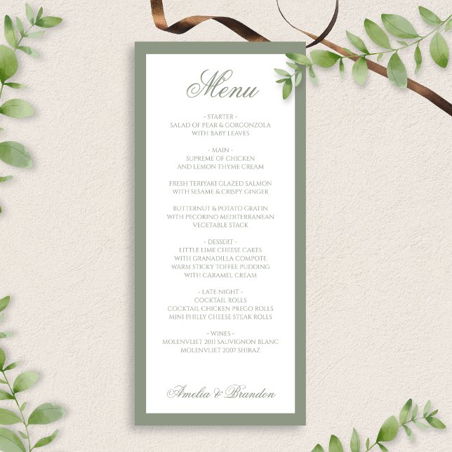 Formal Elegant Sage Green Border Script Wedding Menu (Creator Uploaded)