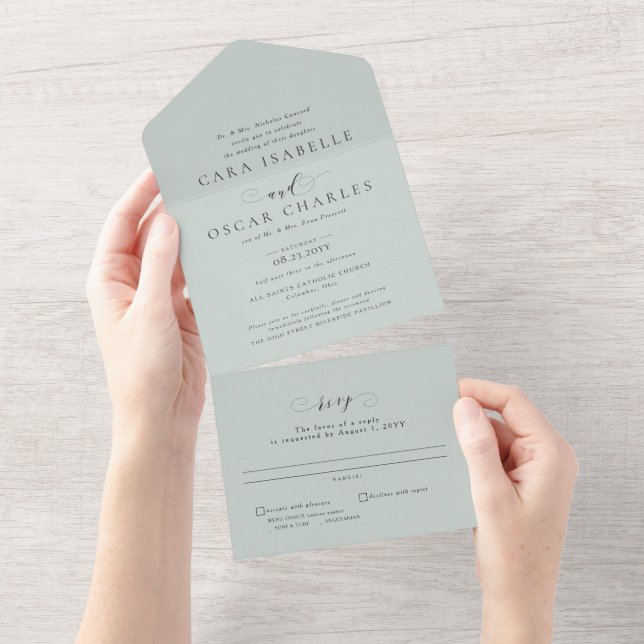 Formal elegant sage green classic wedding all in one invitation (Tearaway)
