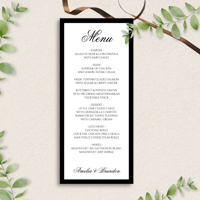 Formal Elegant Script Black and White Wedding Menu (Creator Uploaded)
