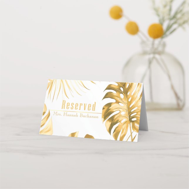 Formal Elegant Trendy Gilded Gold Monstera Print  Place Card (Front)