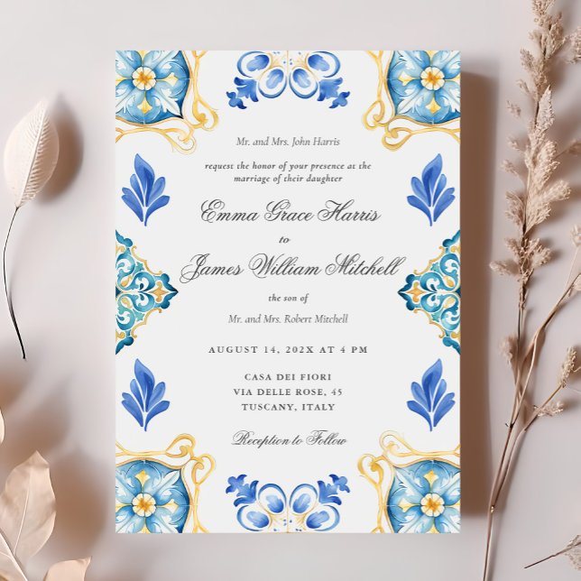 Formal Elegant Watercolor Italian Tiles Wedding Invitation (Creator Uploaded)