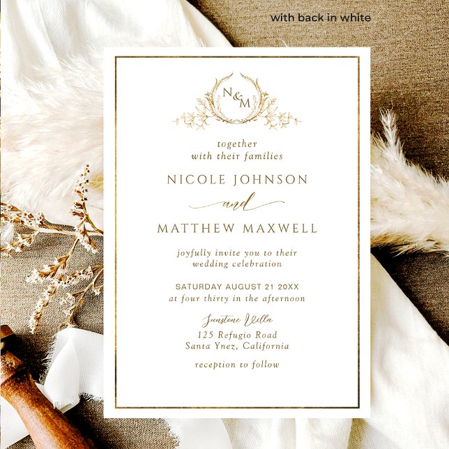 Formal, Elegant White and Gold Monogram Wedding Invitation (Creator Uploaded)
