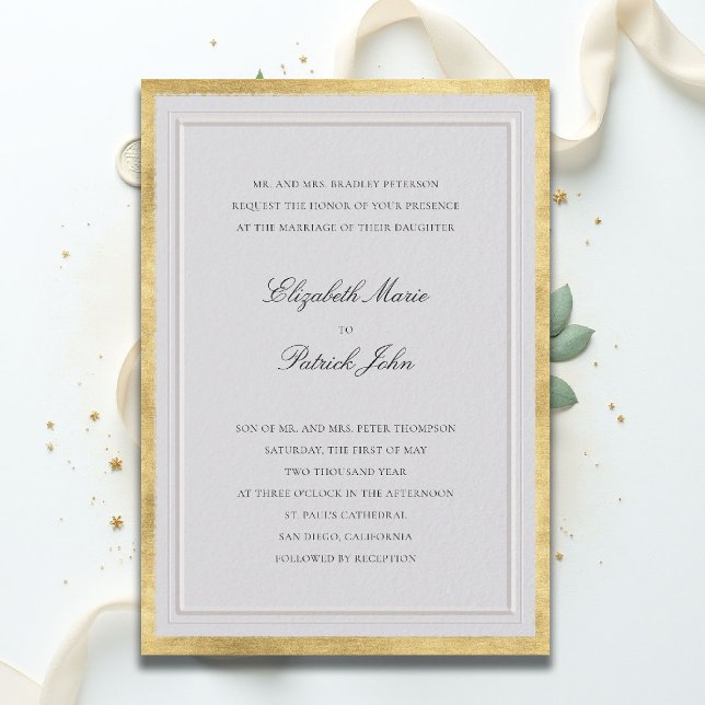 Formal Elevated Gold Ivory Modern Classic Wedding Invitation (formal traditional wedding invitation modern classic double frame ballroom gold ivory black white)