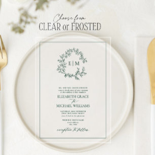 Formal Emerald Green Leafy Crest Monogram Wedding  Acrylic Invitations