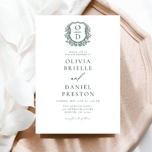 Formal Emerald Green Leafy Crest Monogram Wedding Invitation