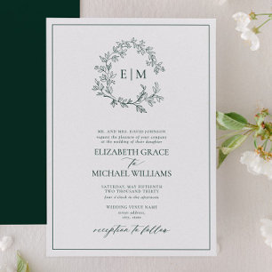 Formal Emerald Green Leafy Crest Monogram Wedding Invitation