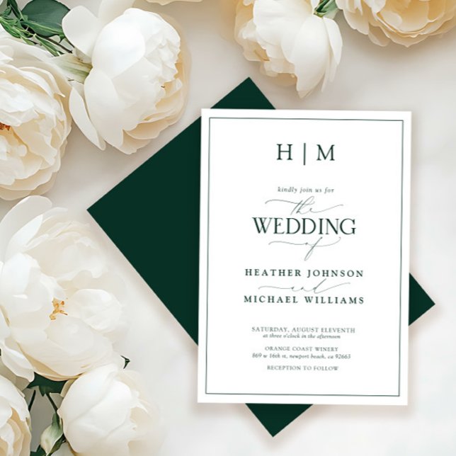 Formal Emerald Green Monogram Calligraphy Wedding Invitation (Creator Uploaded)