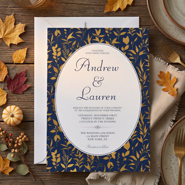 Formal Fall Floral Blue Gold Oval Wedding Invitation (Formal Fall Floral Blue Gold Oval Wedding Invitation
)