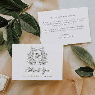 Formal Floral Crest Monogram Elegant Wedding Thank You Card