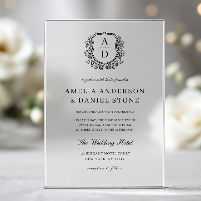 Formal Floral Crest Monogram Wedding Elegant Acrylic Invitations (Creator Uploaded)