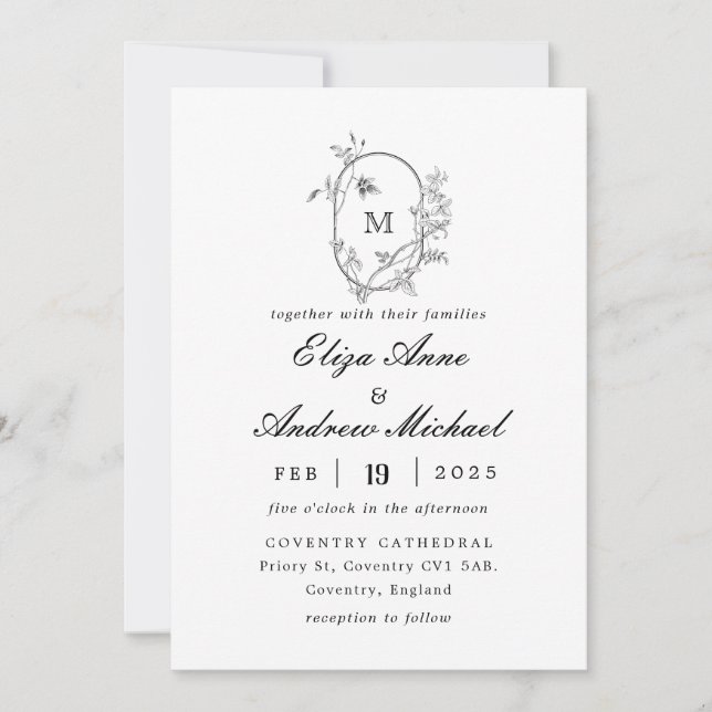 Formal Floral Crest Monogram Wedding  Invitation (Front)