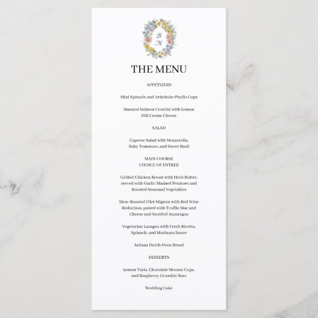 Formal Floral Crest Monogram Wedding  Menu (Front)