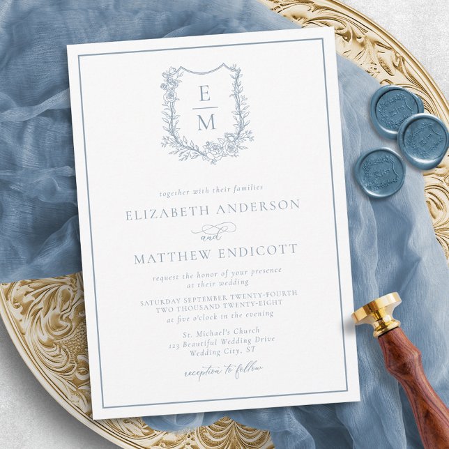 Formal Floral Monogram Crest Dusty Blue Wedding Invitation (Creator Uploaded)