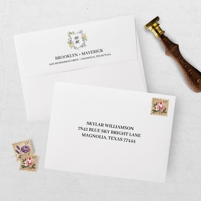 Formal Floral Monogram Crest Wedding Envelope (Creator Uploaded)