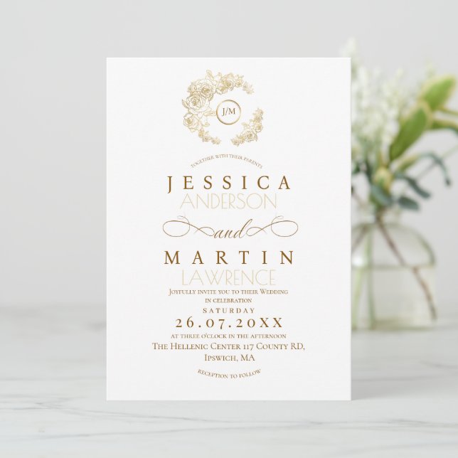 Formal Floral Monogram Gold Rose Wedding   Invitation (Standing Front)