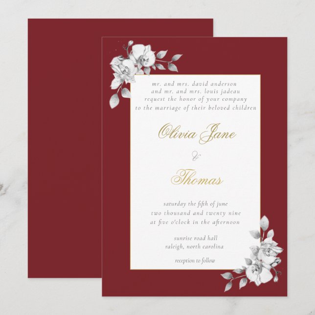 Formal Frame Gold Burgundy Eucalyptus BW Wedding Invitation (Front/Back)