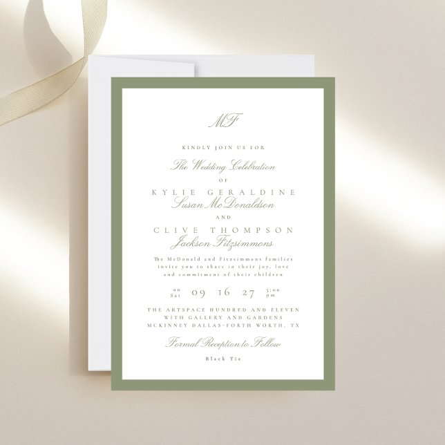 Formal Framed Classic Monogram Sage Green Wedding Invitation (Creator Uploaded)