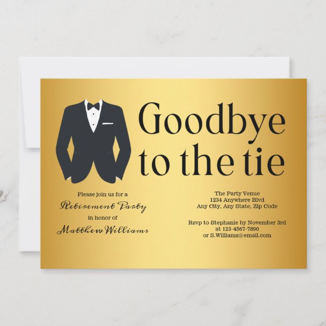 Formal Gold Black Tie Tuxedo Retirement Party Invitation (Front)