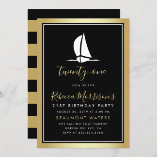 Formal Gold Black & White Sailing Boat Birthday Invitation