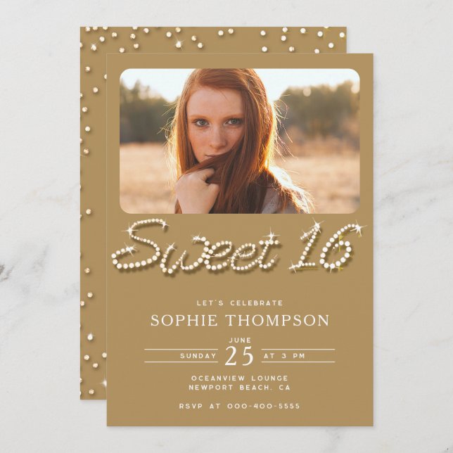 Formal Gold Chic Classy Rhinestones Sweet 16 Photo Invitation (Front/Back)
