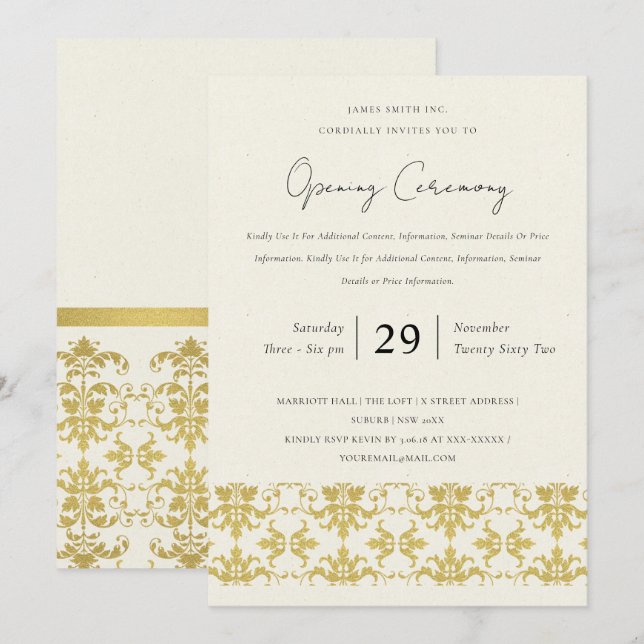 FORMAL GOLD DAMASK GRAND OPENING CEREMONY INVITATION (Front/Back)