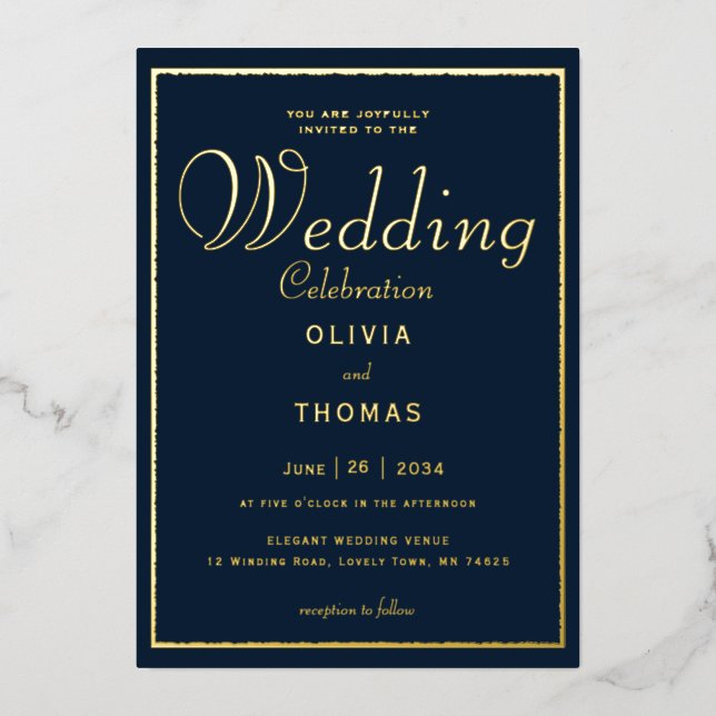 Formal Gold Frame Calligraphy Navy Wedding (Front)