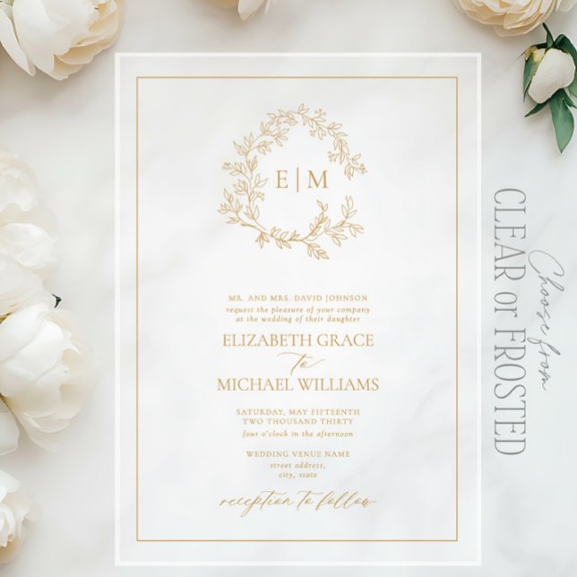 Formal Gold Leafy Crest Monogram Wedding Acrylic Invitations (Creator Uploaded)