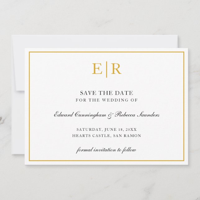 Formal Gold Monogram Simple Elegant Wedding Save The Date (Front)