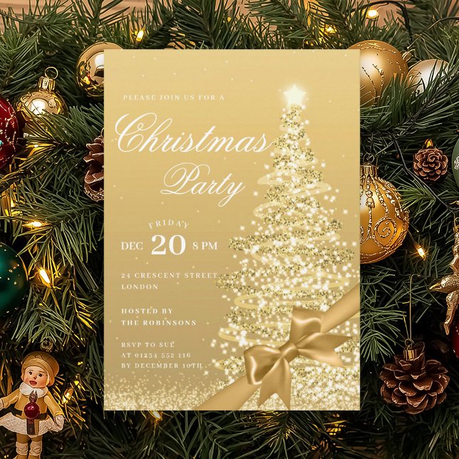 Formal Gold Winter Christmas Tree Bow Holiday  Invitation (Formal Gold Winter Christmas Tree Bow Holiday Invitation)