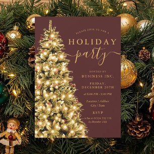 Formal Gold Xmas Tree Corporate Holiday Burgundy Invitation