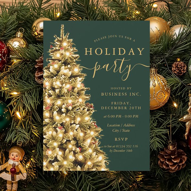 Formal Gold Xmas Tree Corporate Holiday Green  Invitation (Formal Gold Xmas Tree Corporate Holiday Green Invitation)