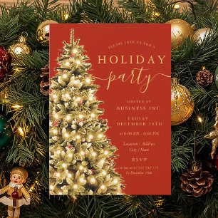 Formal Gold Xmas Tree Corporate Holiday Ruby Red  Invitation