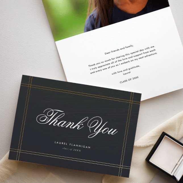Formal Graduation Photo Thank You Note (Elegant calligraphy script black and gold graduation photo thank you card.)